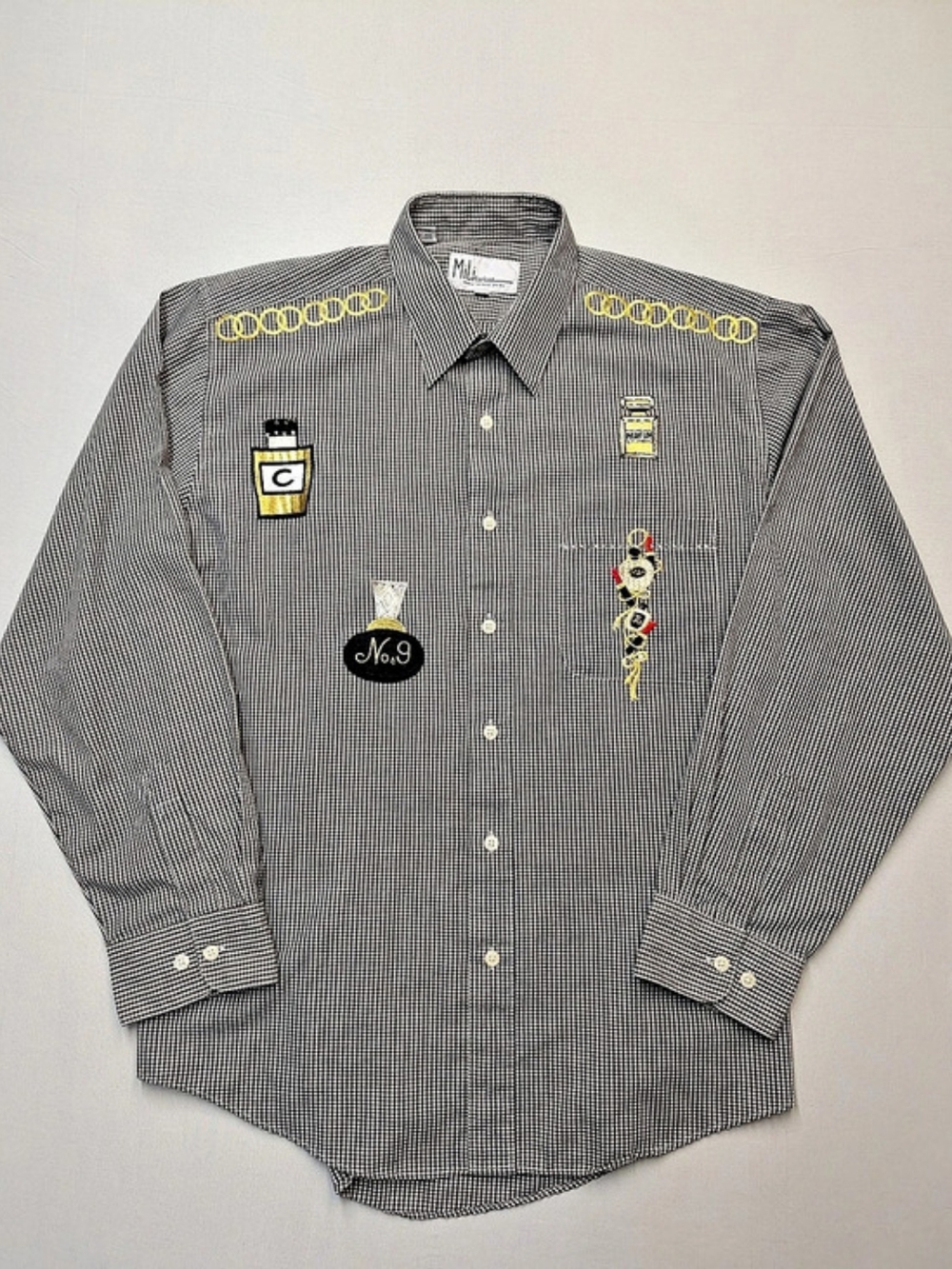 Vtg Mili Designs Women's Sz L Button Up Shirt Black White Rhinestones Embroidery